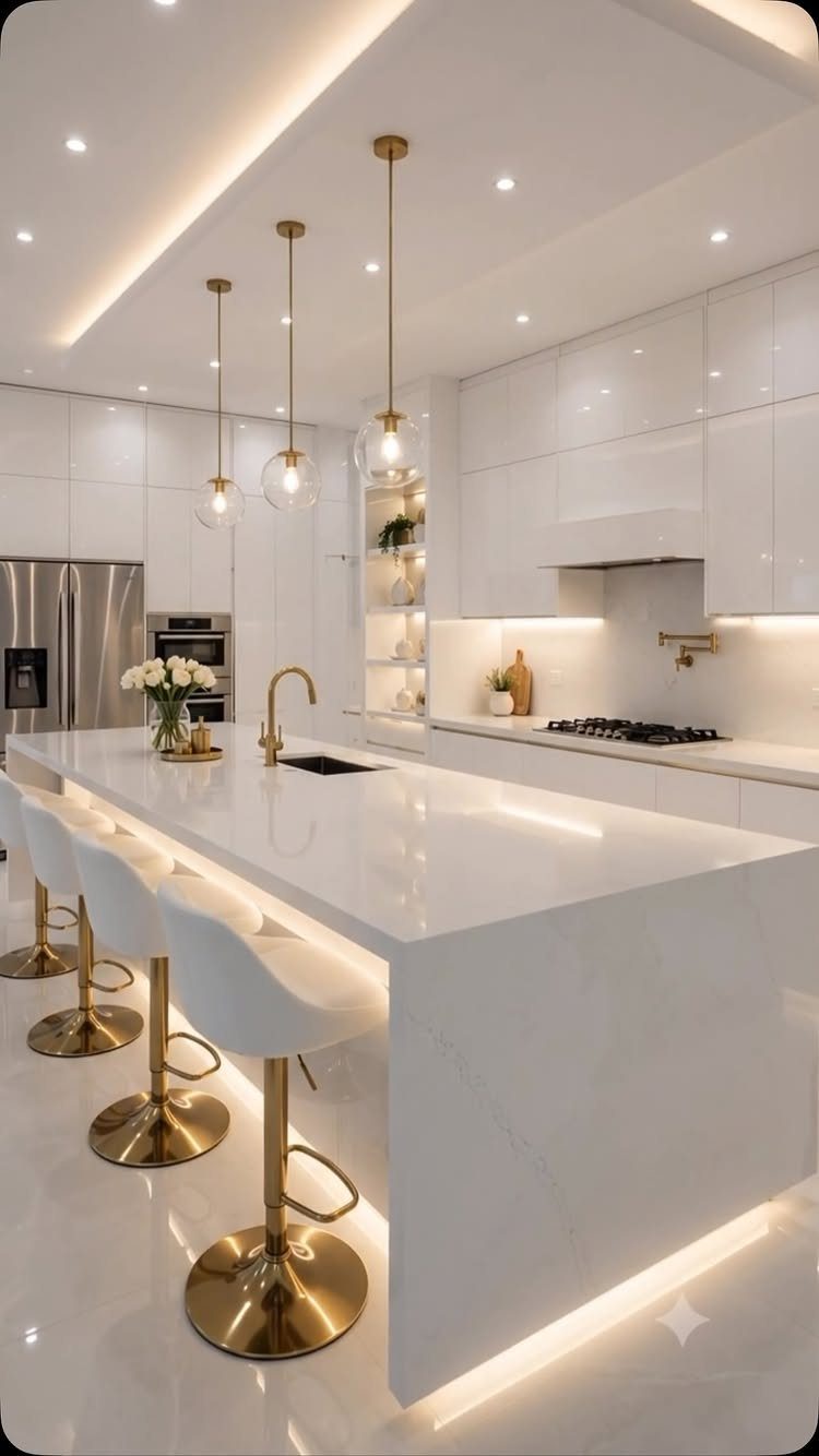 A long white marble kitchen island with a waterfall edge and gold bar stools in a modern kitchen.