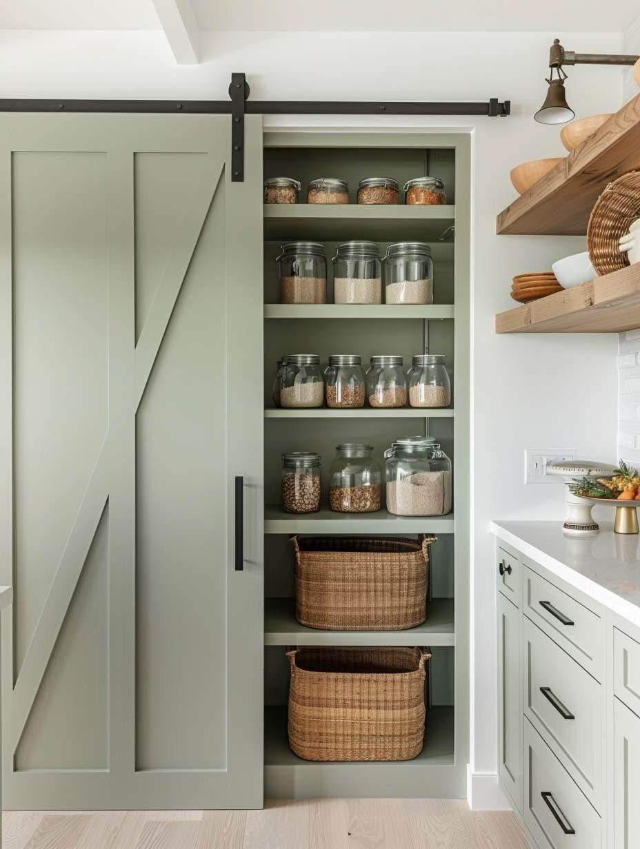 Sage green sliding barn door partially open to reveal built-in pantry shelves with glass jars and baskets.