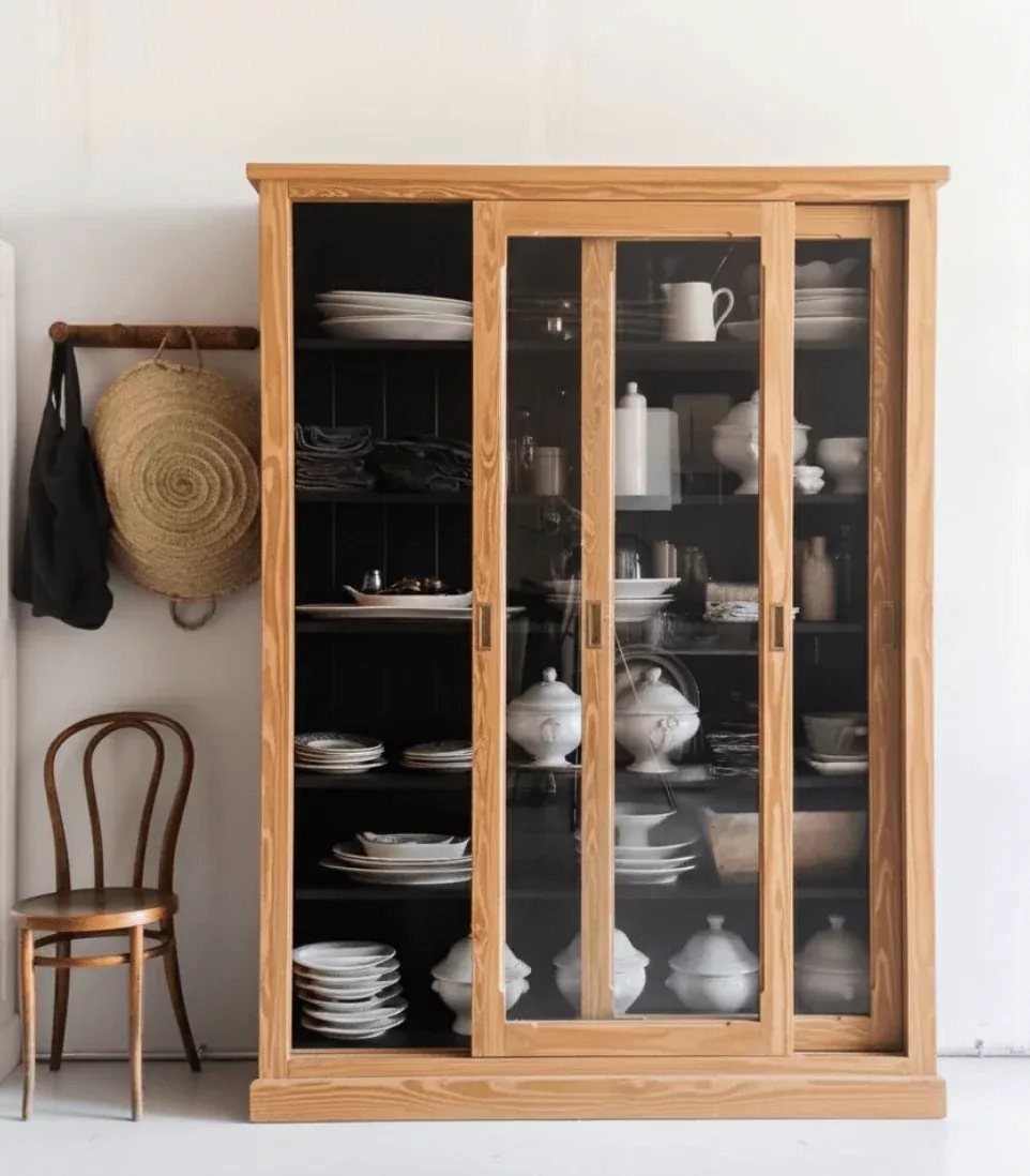 A light wood cabinet with sliding glass doors displaying white ceramic dishes on dark shelves.