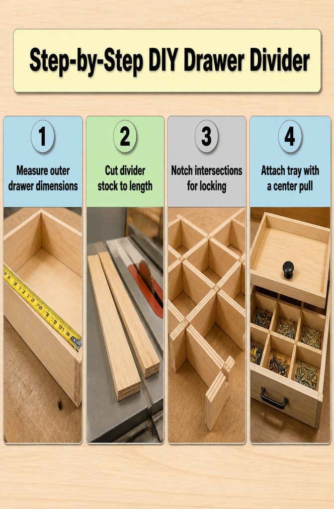 An information image titled 'Step-by-Step DIY Drawer Divider'.