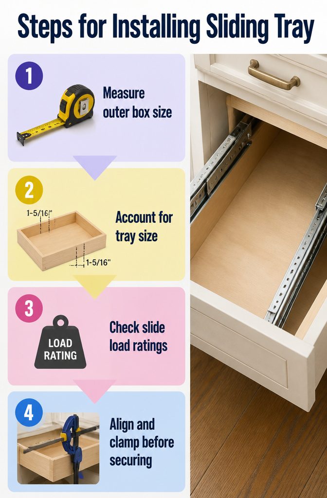 An information image titled 'Steps for Installing Sliding Tray'.