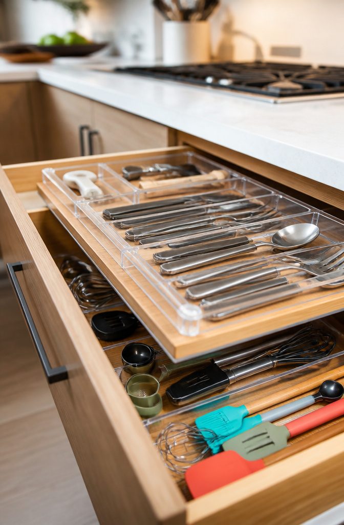A photograph of a well-organized drawer with transparent putty gel.