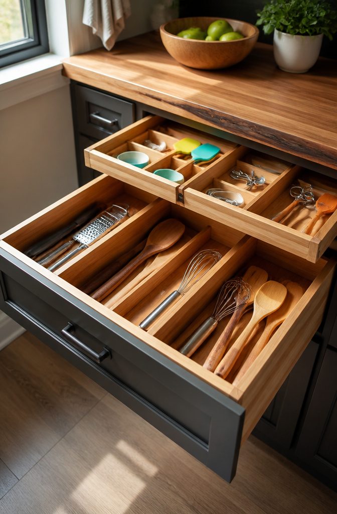 A photograph of a multi-function drawer organizer with various utensils.