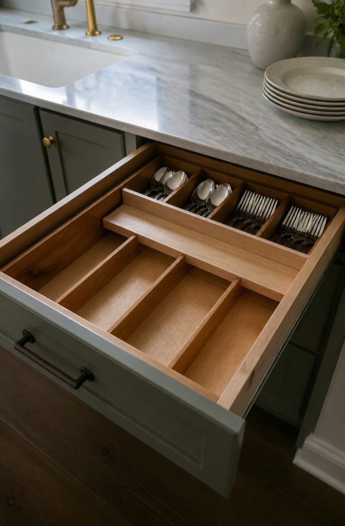 A photograph of a sliding cutlery organizer in a kitchen drawer.