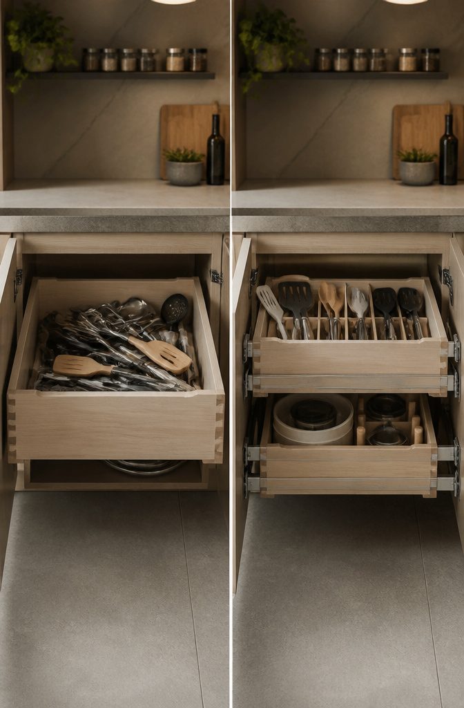 A photograph showing a tiered drawer system with sliding trays.