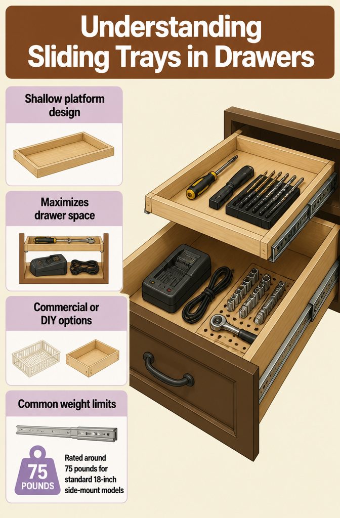 An information image titled 'Understanding Sliding Trays in Drawers'.