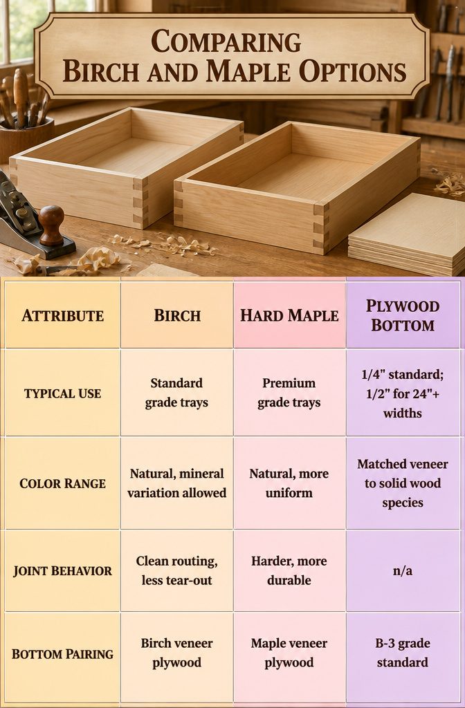 An information image titled 'Comparing Birch and Maple Options'.