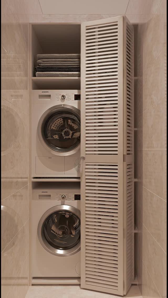 10 Small Laundry Closet Ideas That Actually Fit in a Hallway 8 Stacked white washer and dryer inside a narrow laundry closet with louvered doors and folded towels.