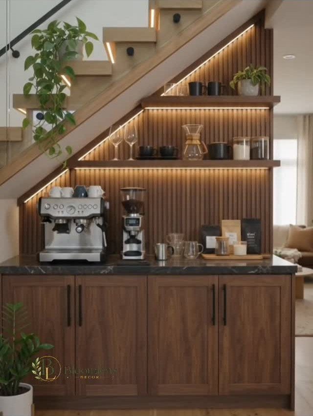 7 Stairs with Under Storage Ideas That Actually Work 1 Wooden built-in coffee station with cabinetry and shelving located underneath a modern staircase.