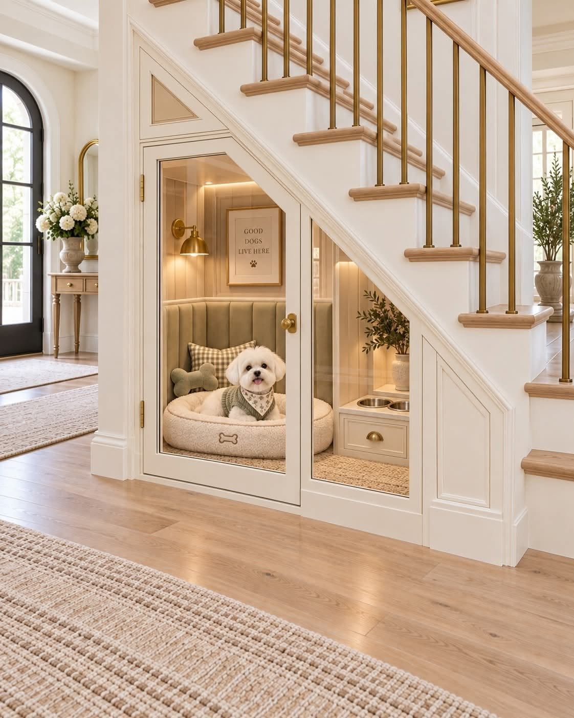 7 Stairs with Under Storage Ideas That Actually Work 7 A small white dog sitting in a cozy built-in pet nook under a staircase.