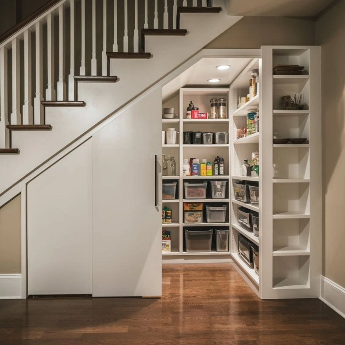 7 Stairs with Under Storage Ideas That Actually Work 3 White built-in pantry shelving units filled with various food containers located under a wooden staircase.
