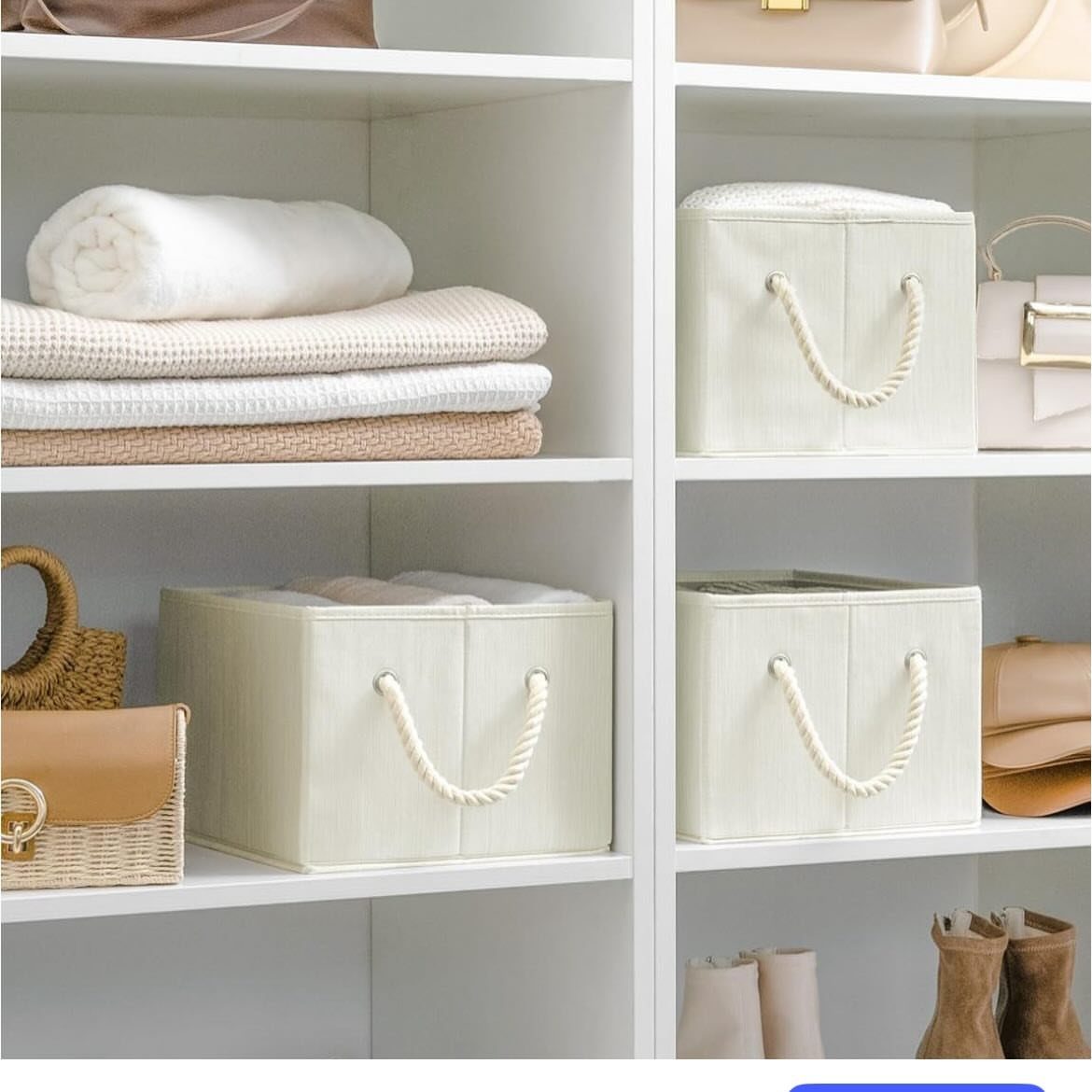 8 Storage Closet Organization Ideas for Tighter Spaces 2026 6 White shelves organized with folded towels, beige storage bins, and various handbags and baskets.