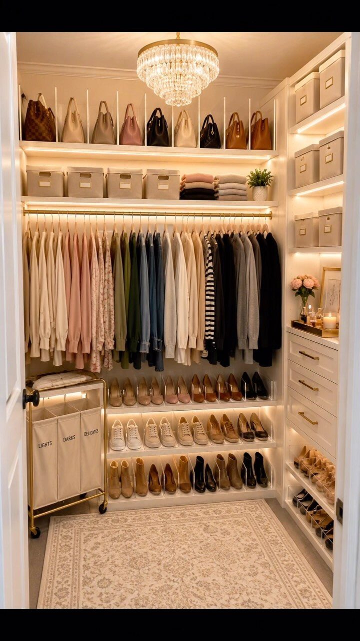 8 Storage Closet Organization Ideas for Tighter Spaces 2026 5 Organized walk-in closet with rows of hanging clothes, storage bins, handbags, and categorized shoes on lit shelves.