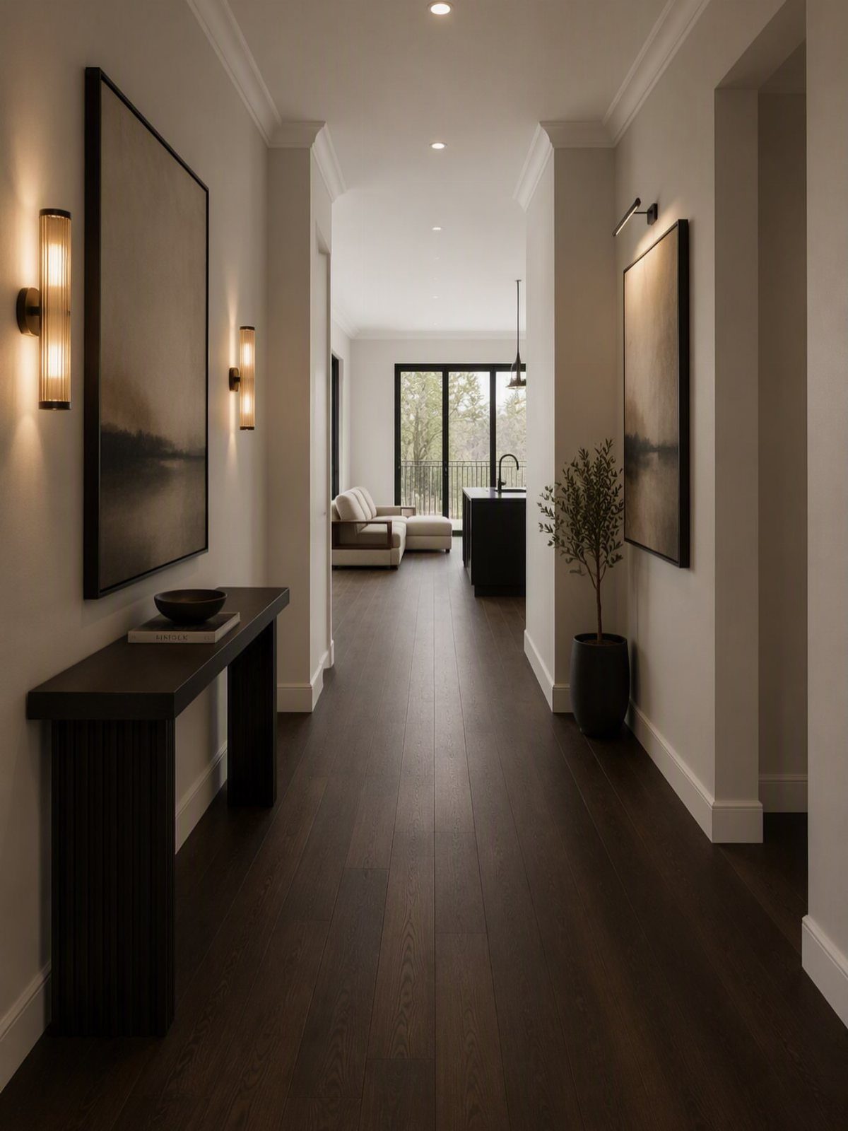 Dark espresso wood floors stretching through a modern, minimalist hallway with white walls and elegant lighting.