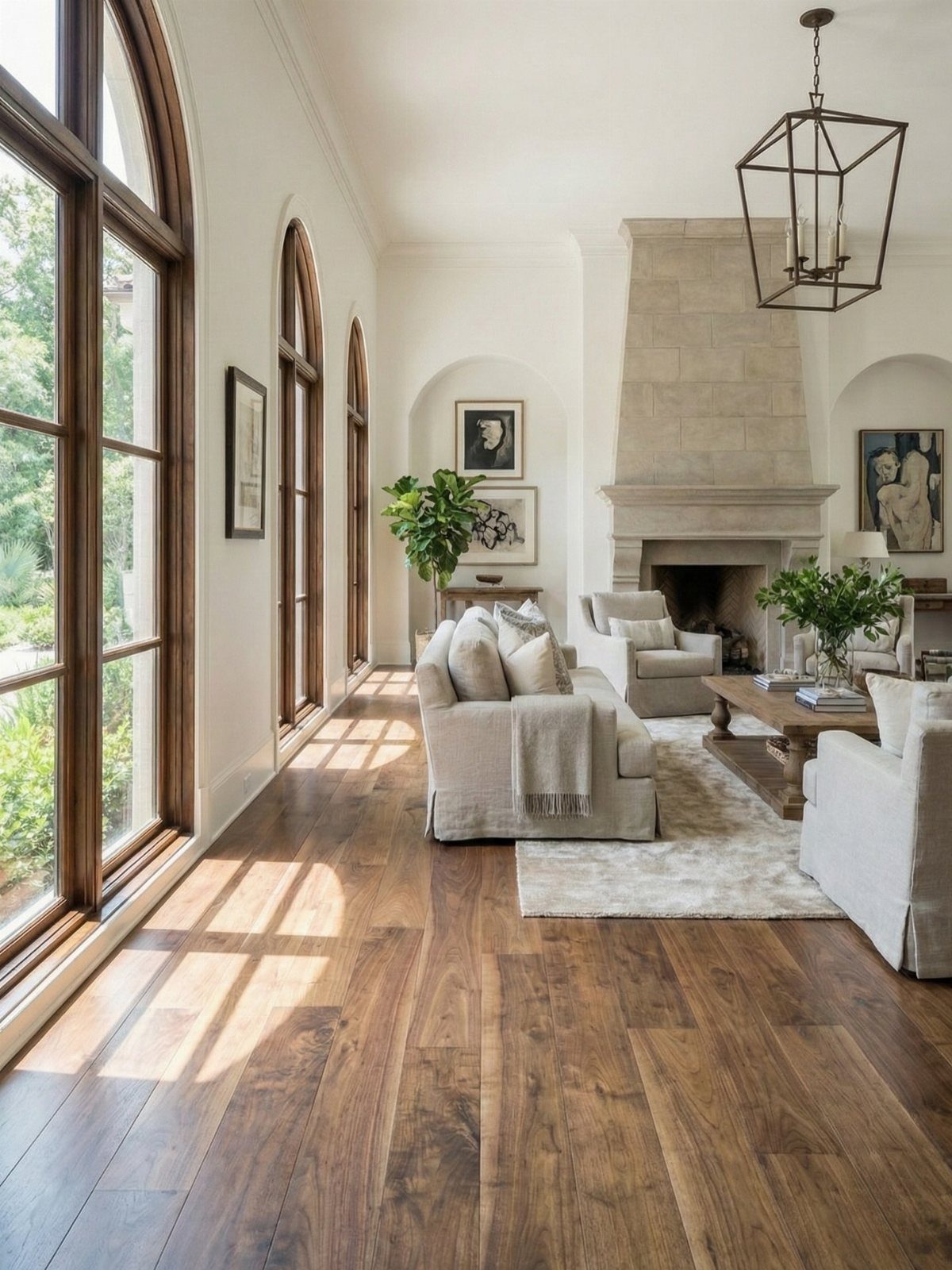 Dark brown walnut hardwood flooring in a bright, modern living room with large arched windows.