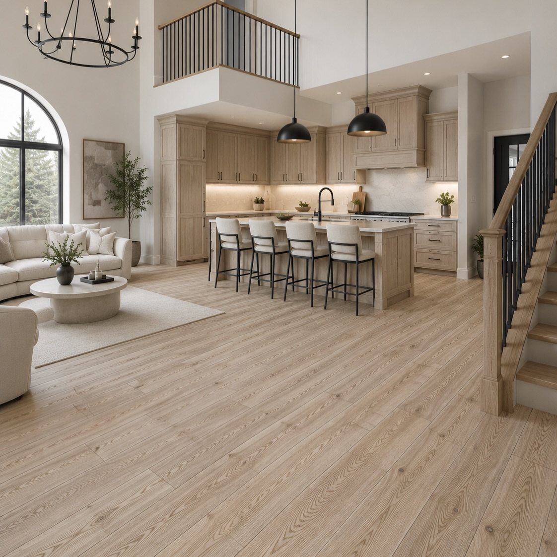 Light wood plank flooring in a modern open-concept living room and kitchen area.