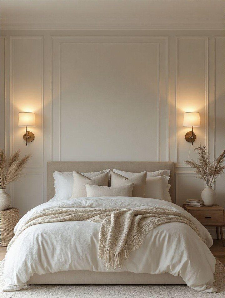 Cream wall panels with large rectangular molding behind a beige bed in a neutral bedroom.