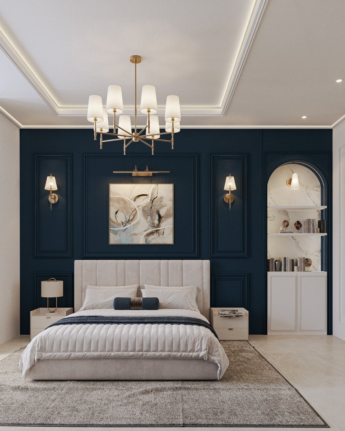 Navy blue paneled bedroom wall with a large bed, gold chandelier, and arched white shelving unit.