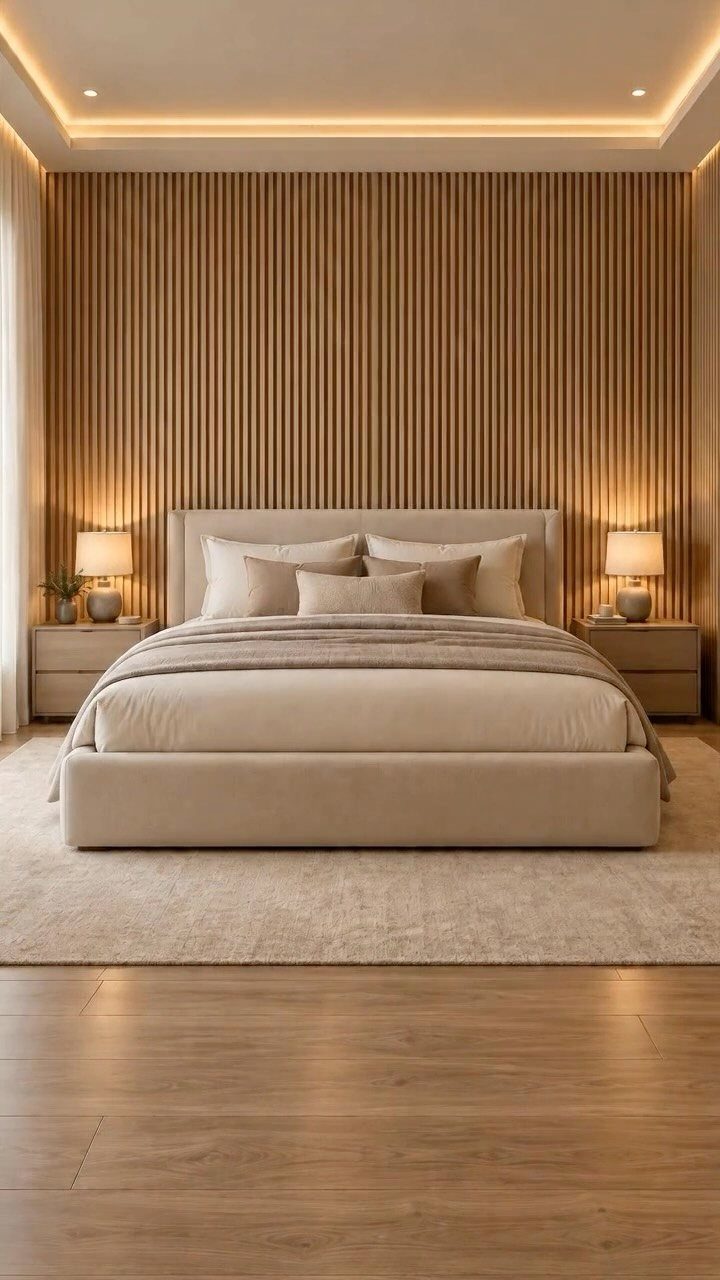 Vertical light wood slats covering the accent wall behind a neutral-toned bed in a modern bedroom.