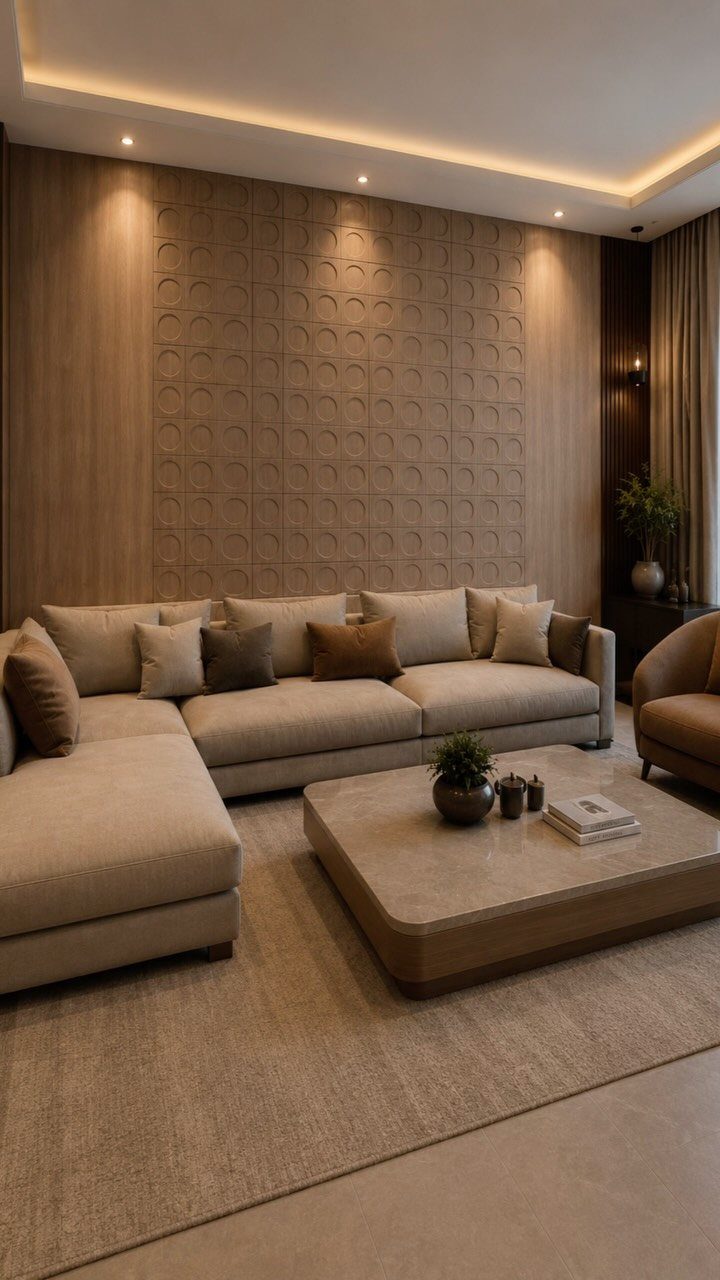 Textured geometric wall panels in a modern living room with a beige sectional sofa.
