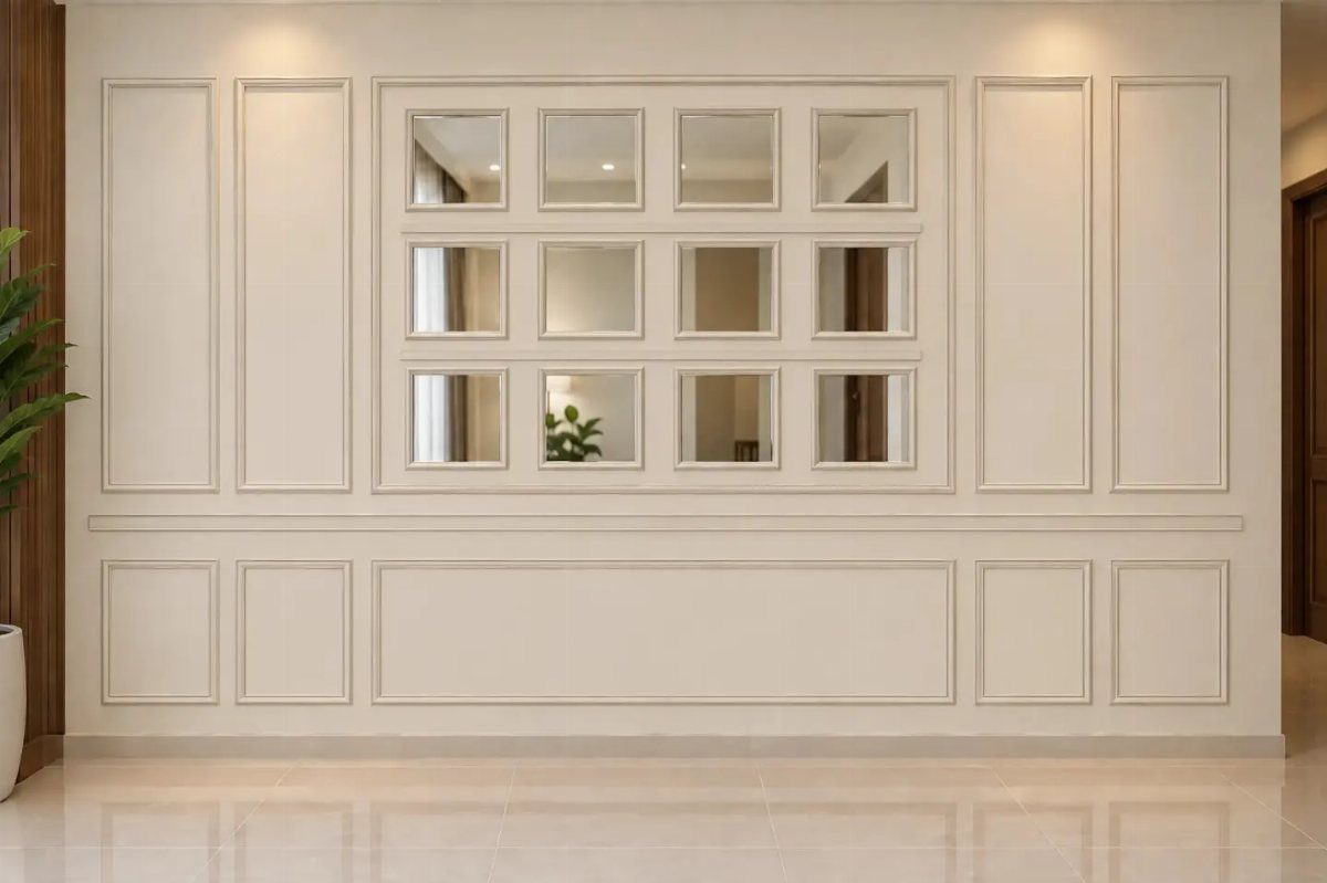 Cream wall with decorative wainscoting panels and a central grid of twelve small mirrors.