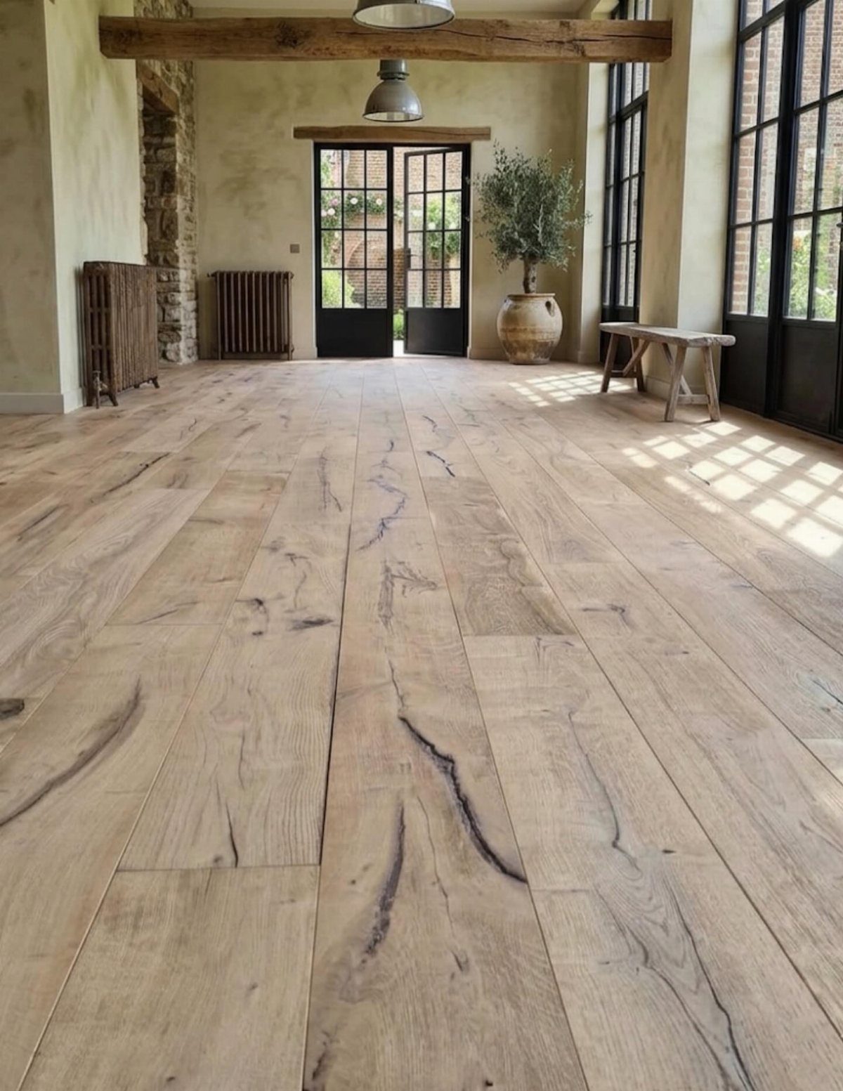 Wide light wood planks with natural grain patterns in a bright room with glass doors.